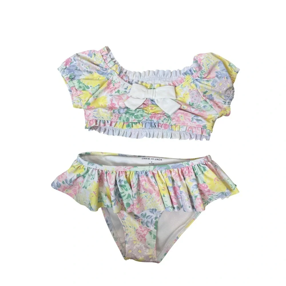 Janie And Jack Swim Set Girls 5 Multicolor Floral Ruffle Bow Bikini Skirted‎
